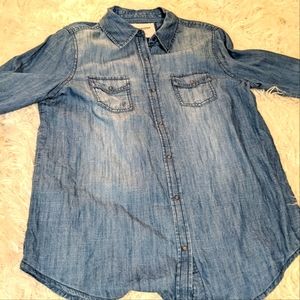 Denim, distressed jean shirt. Size M.